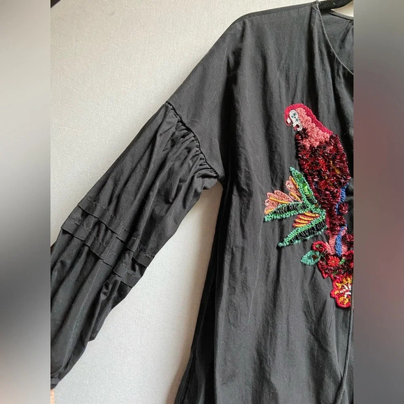 ZARA  BLACK EMBROIDERED SEQUIN PARROTS POPLIN JUMPSUIT ROMPER SZ S - Picture 6 of 14